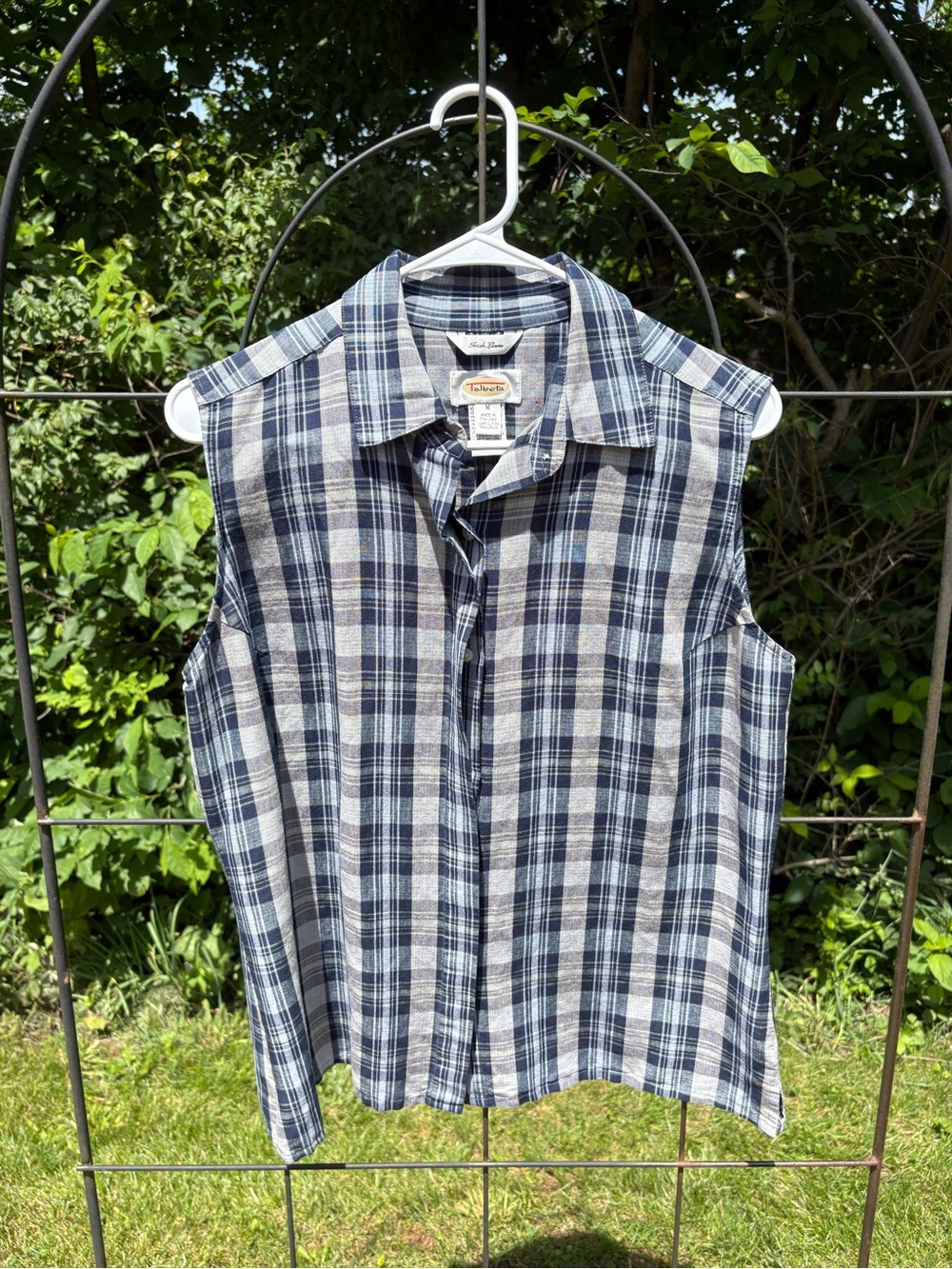 Talbots Navy Blue Beige Gray Plaid Button-Front Shirt Sleeveless Linen-Blend - Picture 7 of 12